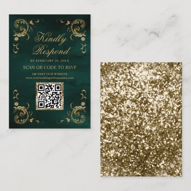 Cartão De Informações Site de Casamento RSVP de Código QR Dourado Emeral (Frente/Verso)