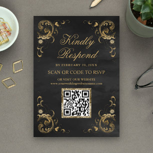 Cartão De Informações Site de Casamento RSVP de Código QR Dourado Preto