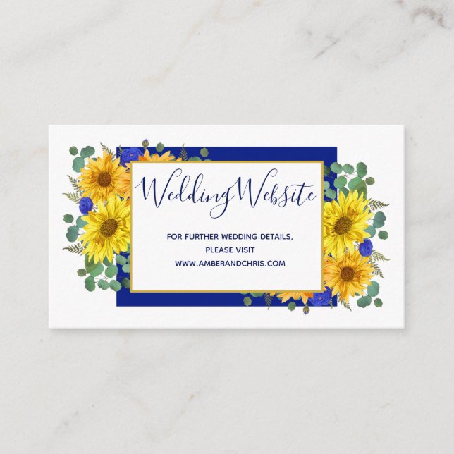 Cartão De Informações Site de Casamento Rustic Sunflower Royal Blue Rosa (Frente)