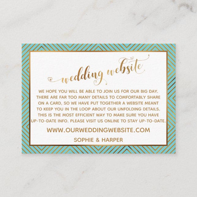 Cartão De Informações Site de Casamento Script Diamond Heart Turquesa (Frente)