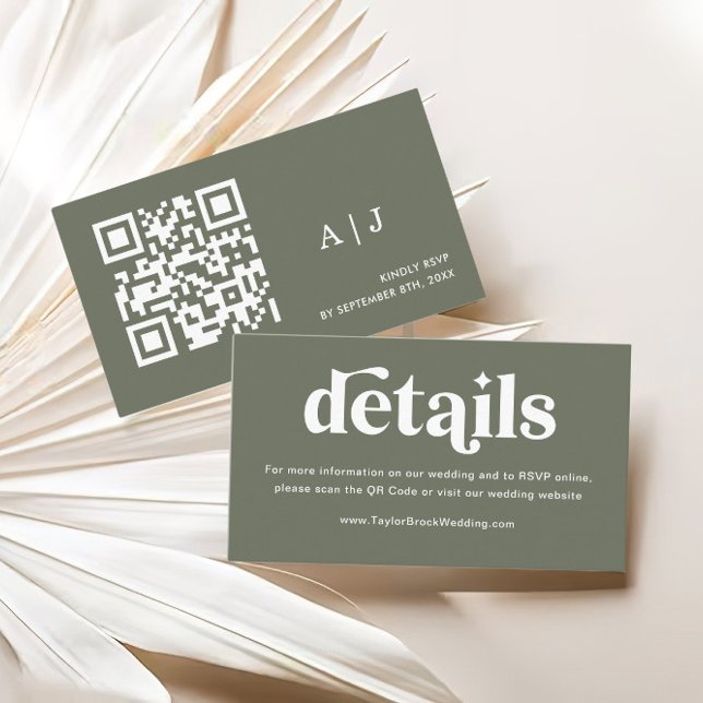 Cartão De Informações Site de Casamento Verde Boho Retro Sage (Criador carregado)