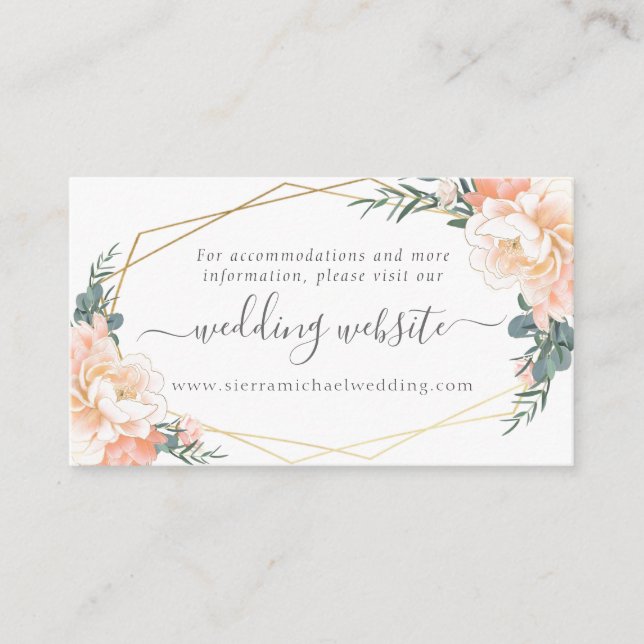 Cartão De Informações Site Dourado de Casamento Azul Dusty Peach Floral (Frente)