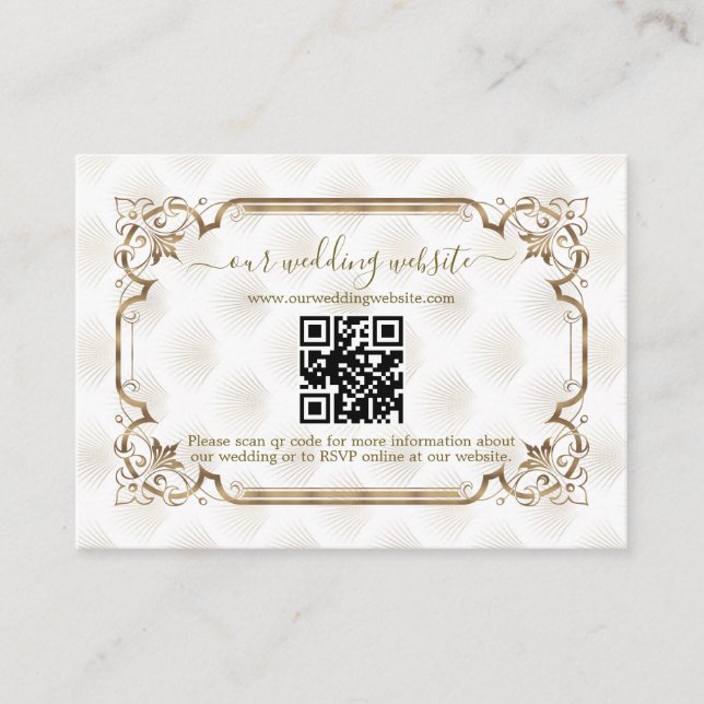 Cartão De Informações Site Dourado de Casamento de Arte Branca de QR Mod (Frente)