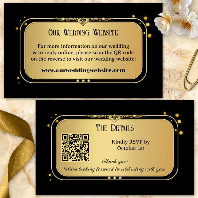 Cartão De Informações Site Dourado de Casamento de Confetti Preto (Elegant wedding enclosure card featuring a gold black design with sparkling gold confetti.)