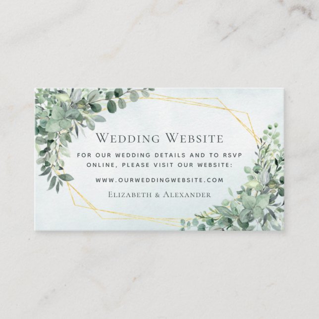 Cartão De Informações Site Elegante Eucalyptus Greenery Dourado Casament (Frente)