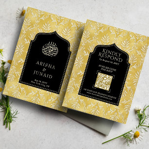 Cartão De Informações Site Real Dourado Damask Muslim QR Code RSVP Wedd
