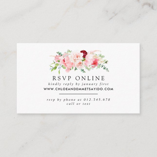 Cartão De Informações Site Rustic Blush Pink Peony Casamento RSVP (Frente)