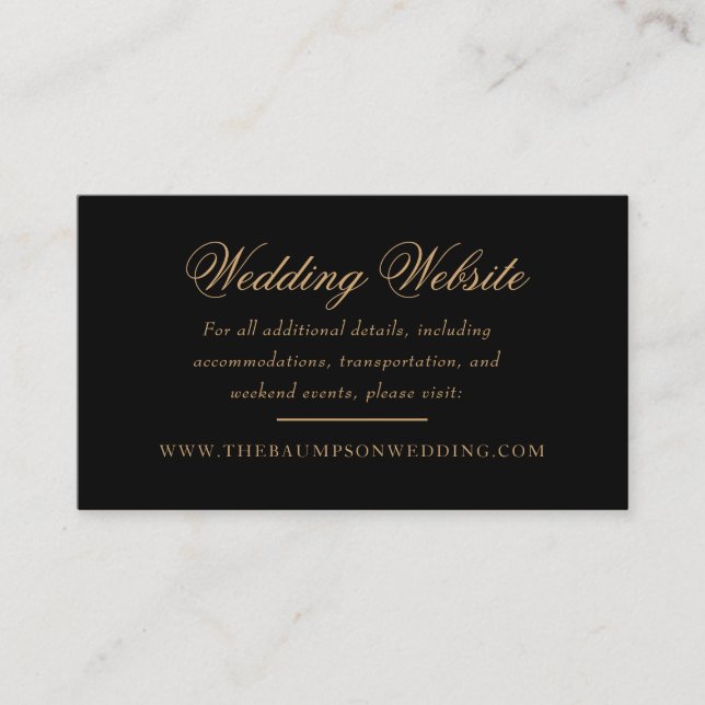 Cartão De Informações Sítio de Casamento de Script Dourado e Preto Delic (Frente)