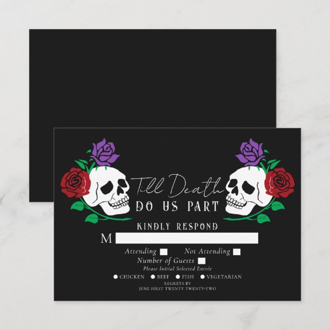 Cartão De Informações Skulls Gothic até o Casamento da Morte RSVP (Frente/Verso)