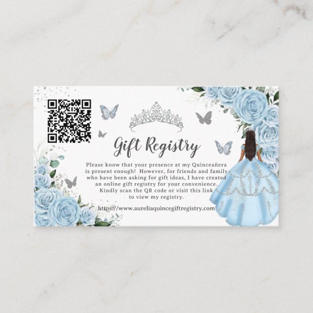Cartão De Informações Sky Blue Floral Silver Quinceañera Gift Registro (Frente)