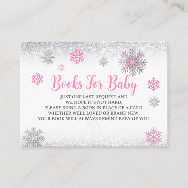 Cartão De Informações  Snowflake Pink & Silver Baby Shower Book Request  (Frente)