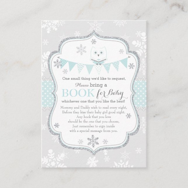 Cartão De Informações Snowflakes Owl Banner Traga um Livro (Frente)