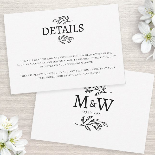Cartão de Informações sobre Iniciais de Monograma  (Wedding details information enclosure card with couple monogram initials and botanical leaf line art)
