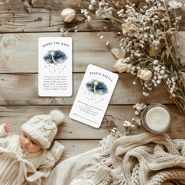 Cartão De Informações Sobre o Chá de fraldas das Estrelas Douradas da Lu (Over the Moon Baby Shower Enclosure Cards - Diaper Raffle & Books for Baby )
