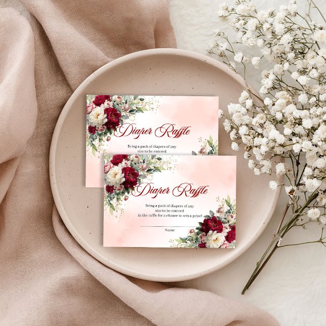 Cartão De Informações Sofisticado Concurso de Fraldas de Peônia Dourada  (Sophisticated Burgundy Gold Peony Diaper Raffle Card)
