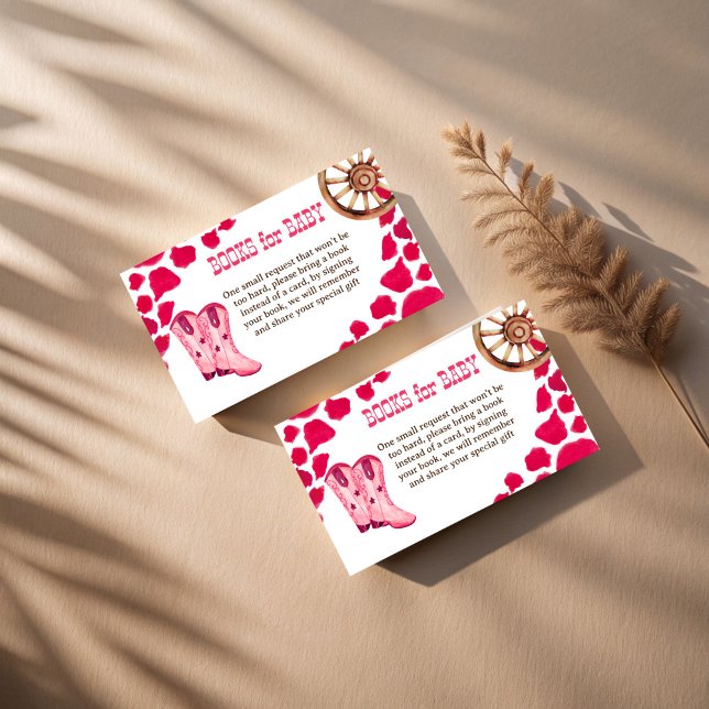 Cartão De Informações Solicitação de livro de chá de fraldas rodeo ocide (Cowgirl western rodeo baby shower book request enclosure card pink cow pattern books for baby cards)