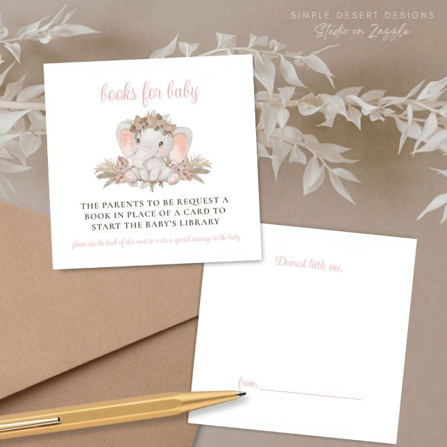 Cartão De Informações Solicitação de Livro de Chás de fraldas Elefantes  (Pink Baby Shower Books for Baby Card Enclosures with Book Label Gift Tag on Back)
