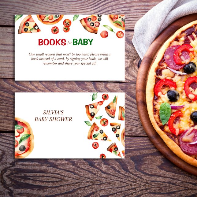 Cartão De Informações Solicitação de livros de chá de fraldas de pizza b (Slice slice baby pizza baby shower books request enclosure card Italian baby shower books for baby)