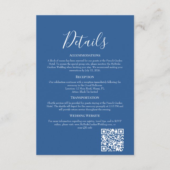 Cartão De Informações Sophisticated Azure Wedding Details Enclosure Card (Frente)