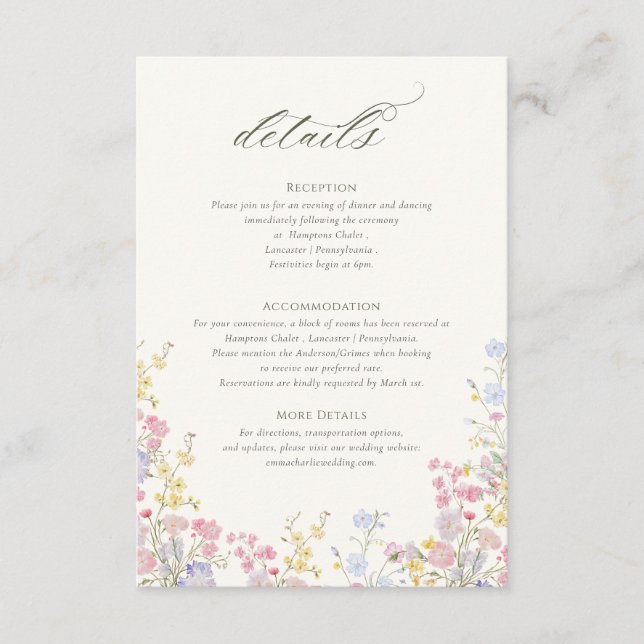 Cartão De Informações Sophisticated Floral Calligraphy Wedding Details (Frente)
