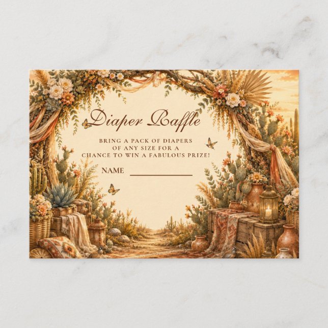 Cartão De Informações Sorteio de Fraldas Cacto Boho Rústico (Frente)