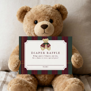 Cartão De Informações Sorteio de Fraldas de Urso Teddy Xadrez Burgundy P