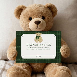 Cartão De Informações Sorteio de Fraldas de Urso Teddy Xadrez Verde Eleg