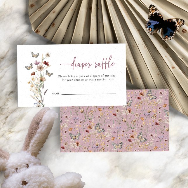Cartão De Informações Sorteio de Fraldas Pink Wildflower (Dusty Pink Boho Wildflower Diaper Raffle Enclosure Card by Painted Paperie
)