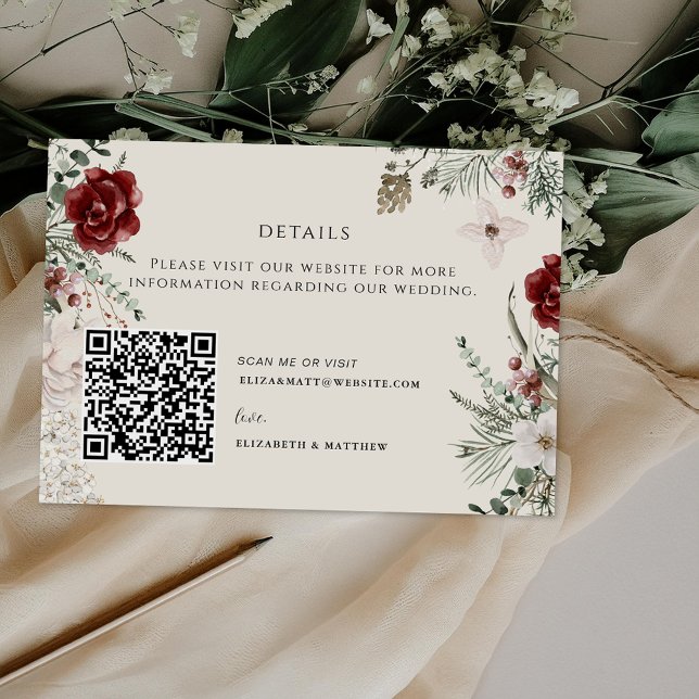 Cartão De Informações Spruce & Lace | Casamento Floral de inverno QR (Criador carregado)