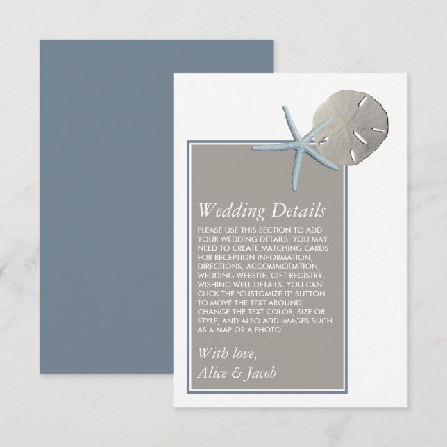 Cartão De Informações Starfish e Sand Dollar - Detalhe do Casamento de P (Frente/Verso)