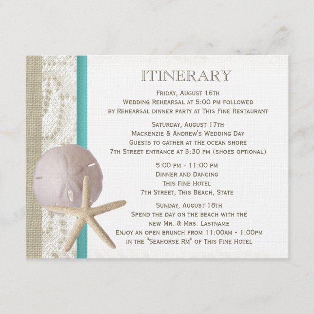 Cartão De Informações Starfish e Sand Dollar Teal Ocean Romance (Frente)