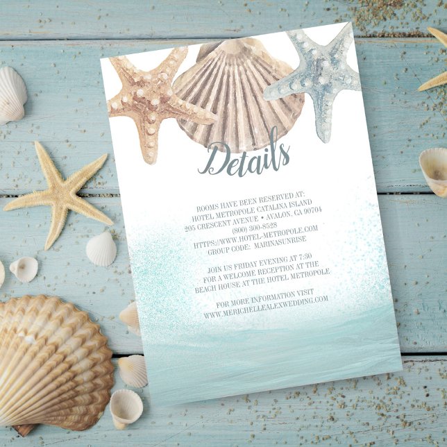Cartão De Informações Starfish Seashells Beach Weding Details (Criador carregado)