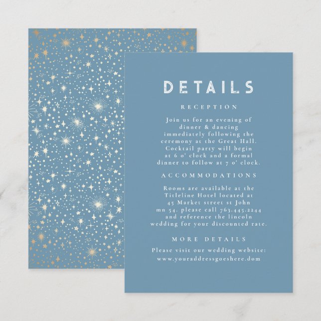 Cartão De Informações Starry Night Celestial Dusty Blue Casamento Detalh (Frente/Verso)