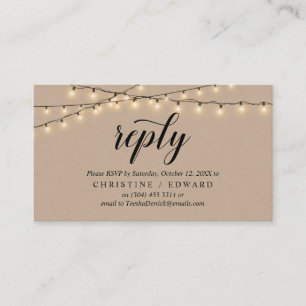 Cartão De Informações String Lights Kraft, Black Script, resposta RSVP