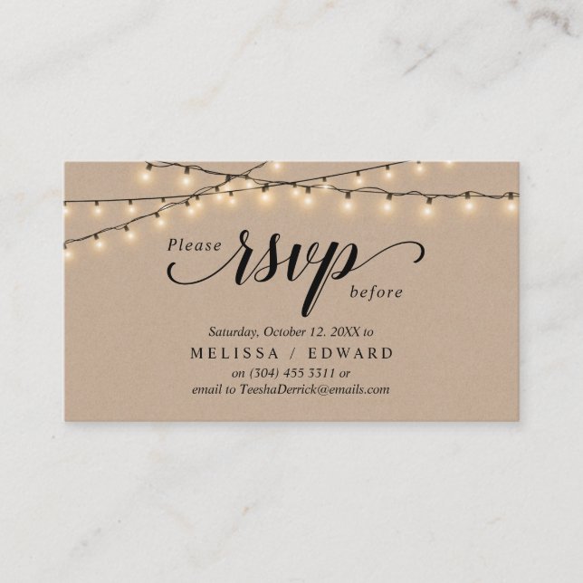 Cartão De Informações String Lights Kraft, Black Script, resposta RSVP (Frente)