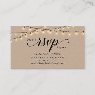 Cartão De Informações String Lights Kraft, Black Script, resposta RSVP