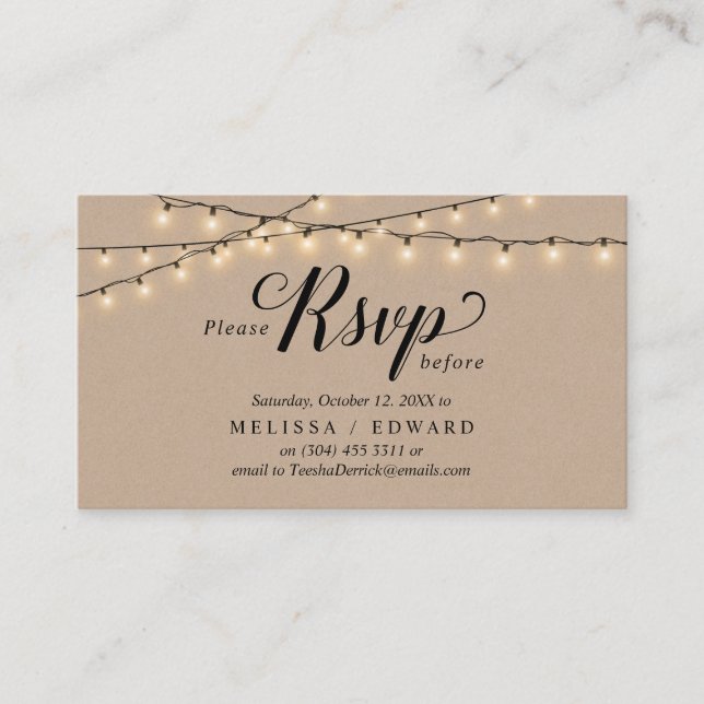 Cartão De Informações String Lights Kraft, Black Script, resposta RSVP (Frente)