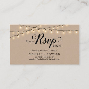 Cartão De Informações String Lights Kraft, Black Script, resposta RSVP