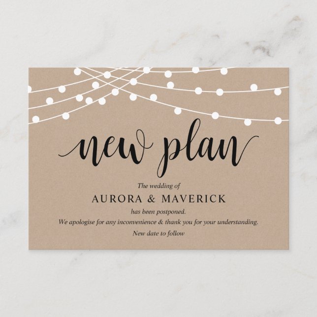 Cartão De Informações String Lights Kraft, Preto, adiamento de casamento (Frente)