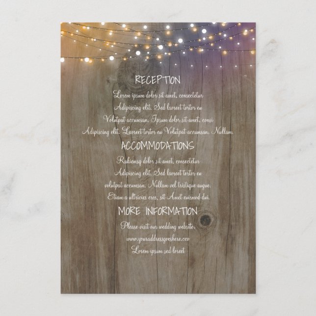 Cartão De Informações String Lights Wood Rustic Wedation Information (Frente)