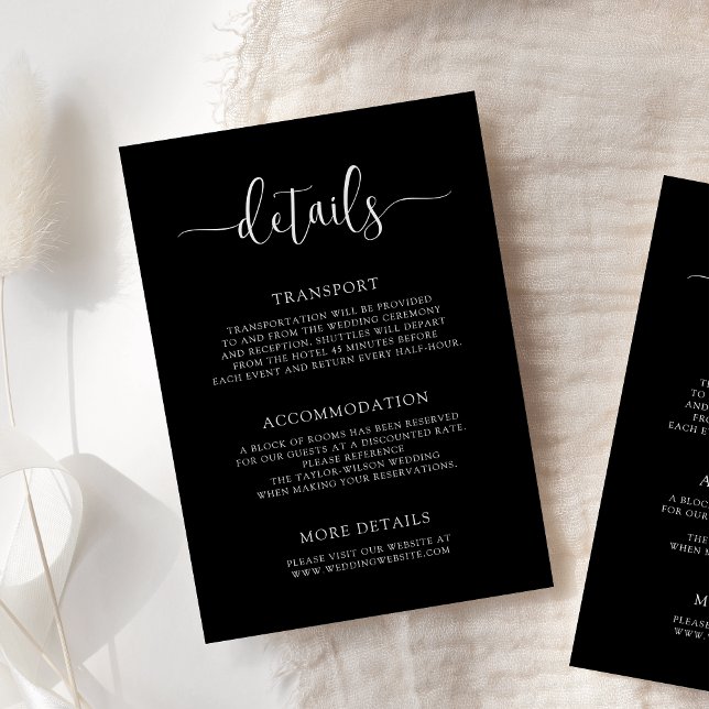 Cartão De Informações Stylish Modern Calligraphy Black Wedding Details (Criador carregado)