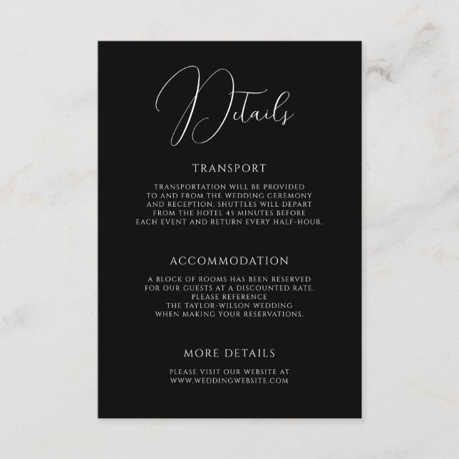 Cartão De Informações Stylish Modern Script Black Wedding Details (Frente)