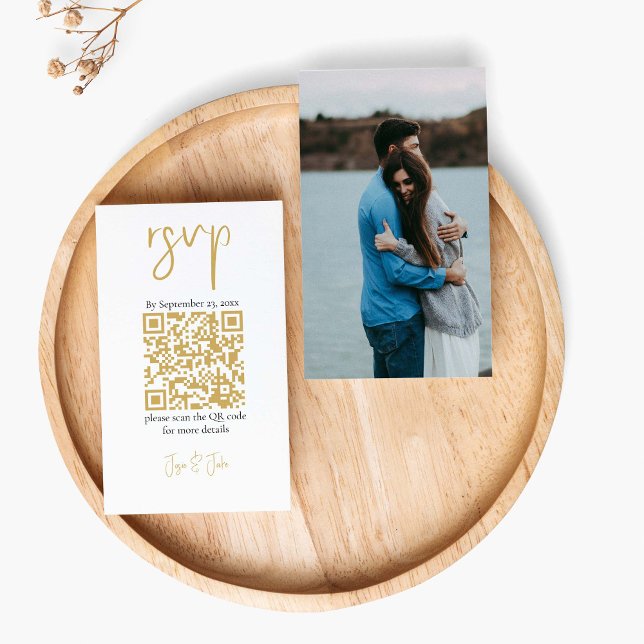 Cartão De Informações Sua foto dourada Código QR Casamento preto RSVP (Elegant RSVP enclosure card! Featuring a full photo and a stunning gold QR code.)