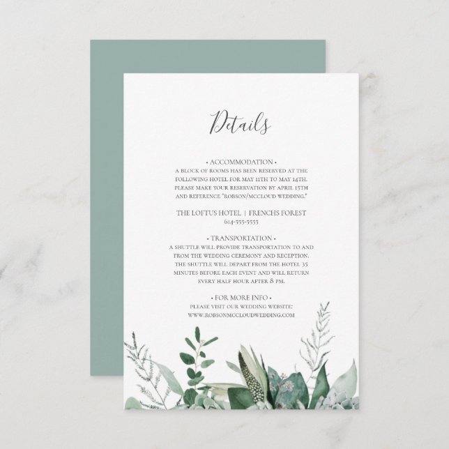 Cartão De Informações Succulent Greenery | Detalhes do Verde Sage (Frente/Verso)