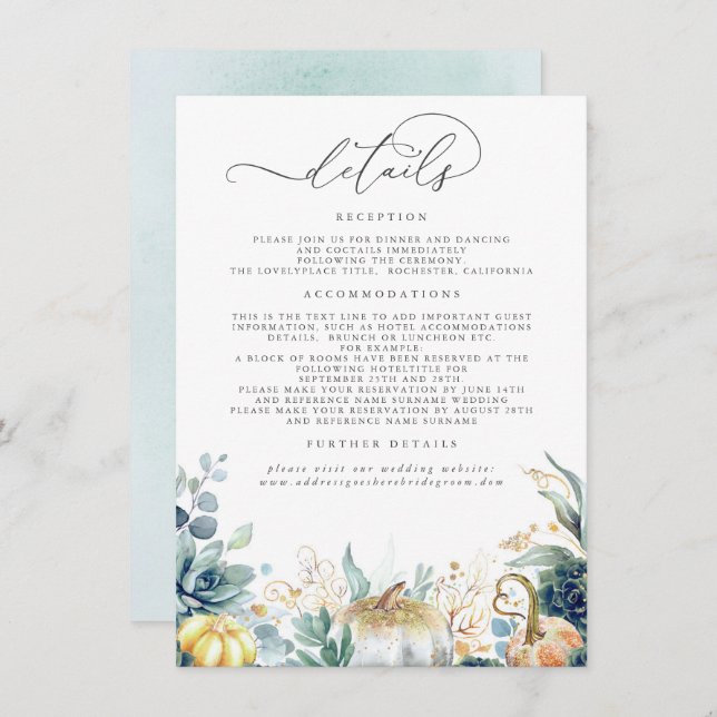 Cartão De Informações Succulents Pumpkins Dourado Deixa Detalhes De Casa (Frente/Verso)