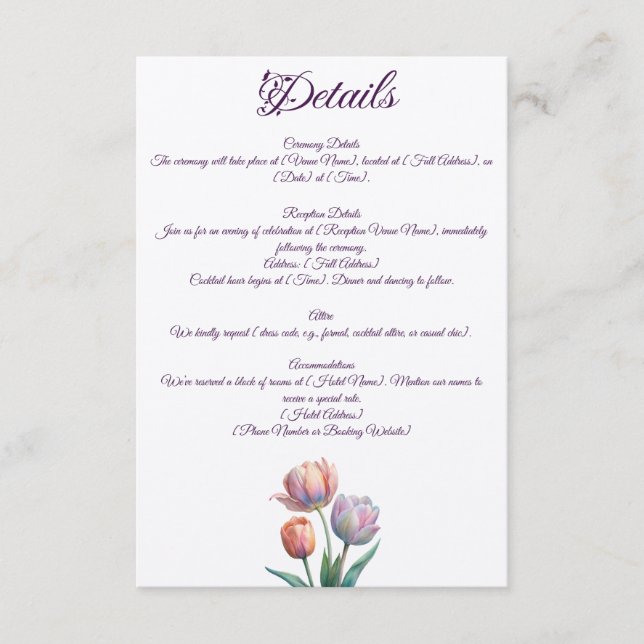 Cartão De Informações Suíte de Casamento Pastel Tulip Tipografia Elegant (Frente)