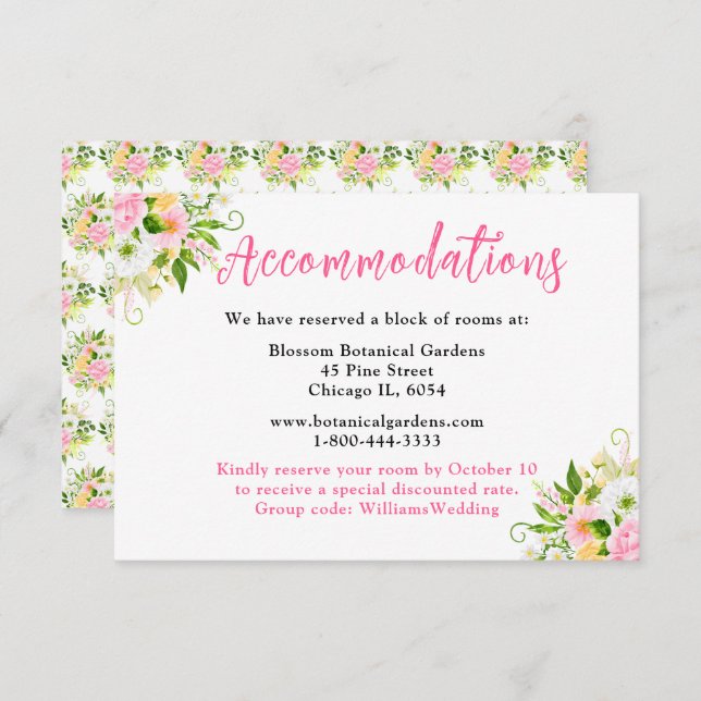 Cartão De Informações Summer Pink Yellow Floral Wedding Accommodations (Frente/Verso)