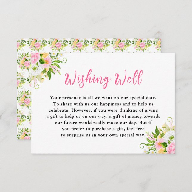Cartão De Informações Summer Pink Yellow Floral Wedding Wishing Well (Frente/Verso)