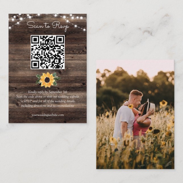 Cartão De Informações Sunflower Rustic Wood Casamento QR Code RSVP (Frente/Verso)