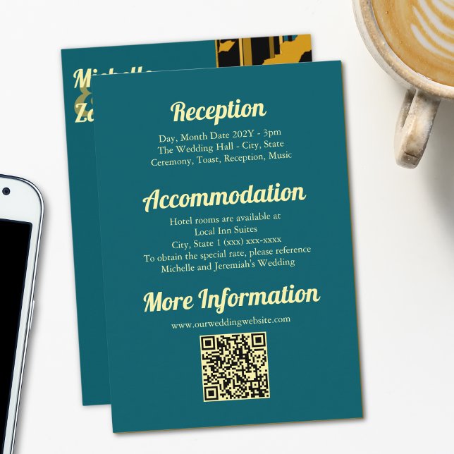Cartão De Informações Sunflower Teal Blue Gold Modern Wedding QR Code  (Criador carregado)